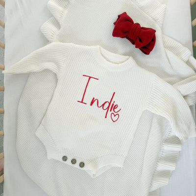 White Personalised Heart Knitted Romper