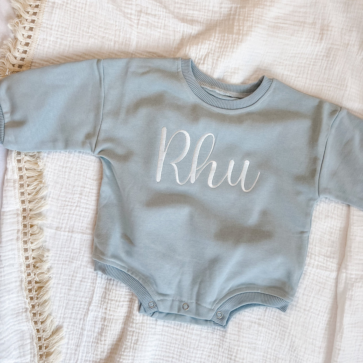 Dusty Blue Script Name Romper