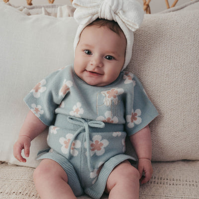 Blue Floral Embroidered Short Set