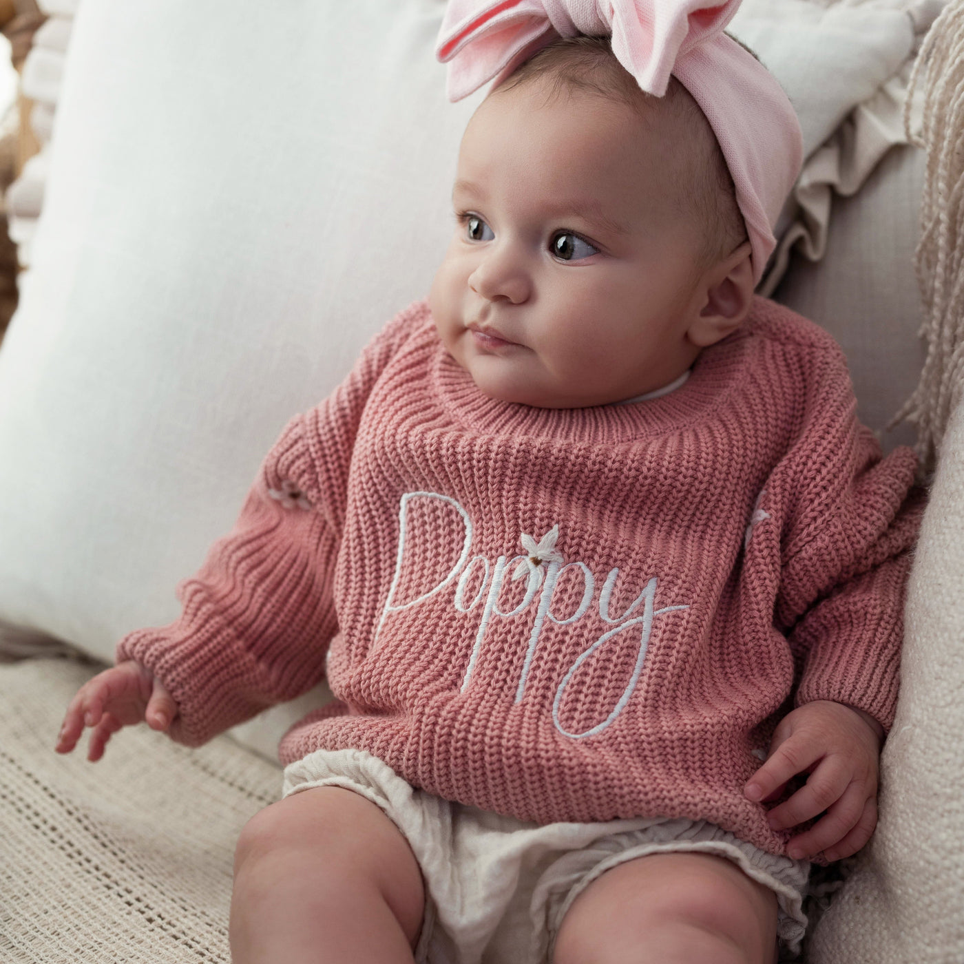 Pink Script Personalised Floral Knitted Jumper