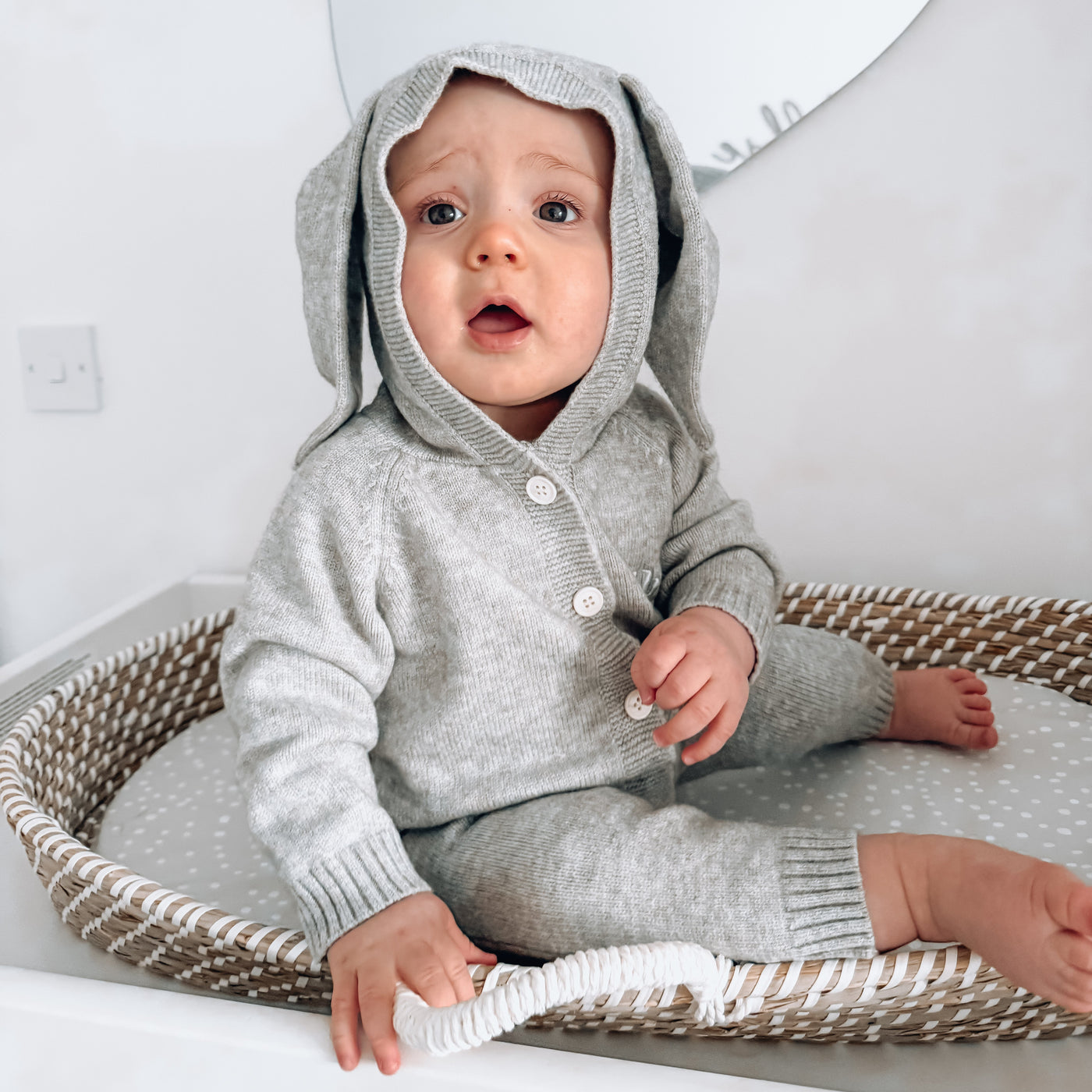 Grey Long Sleeved Bunny Ear Knitted Romper