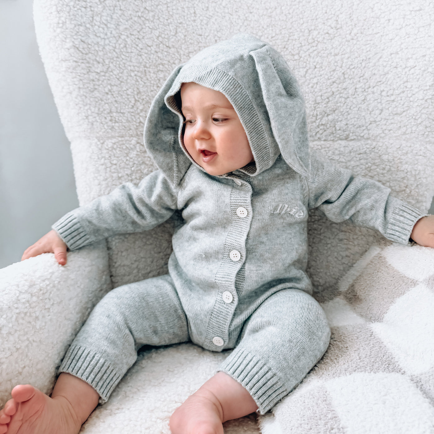 Grey Long Sleeved Bunny Ear Knitted Romper