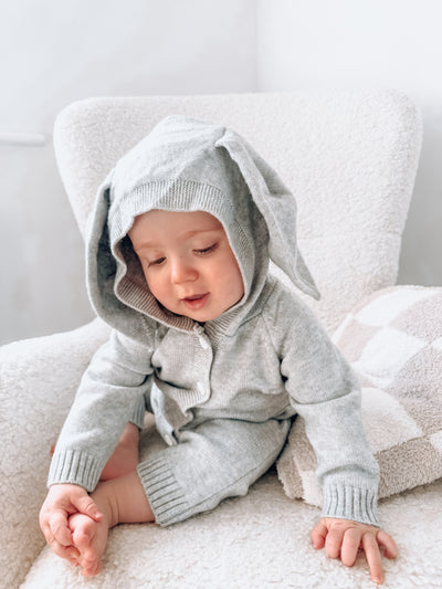 Grey Long Sleeved Bunny Ear Knitted Romper