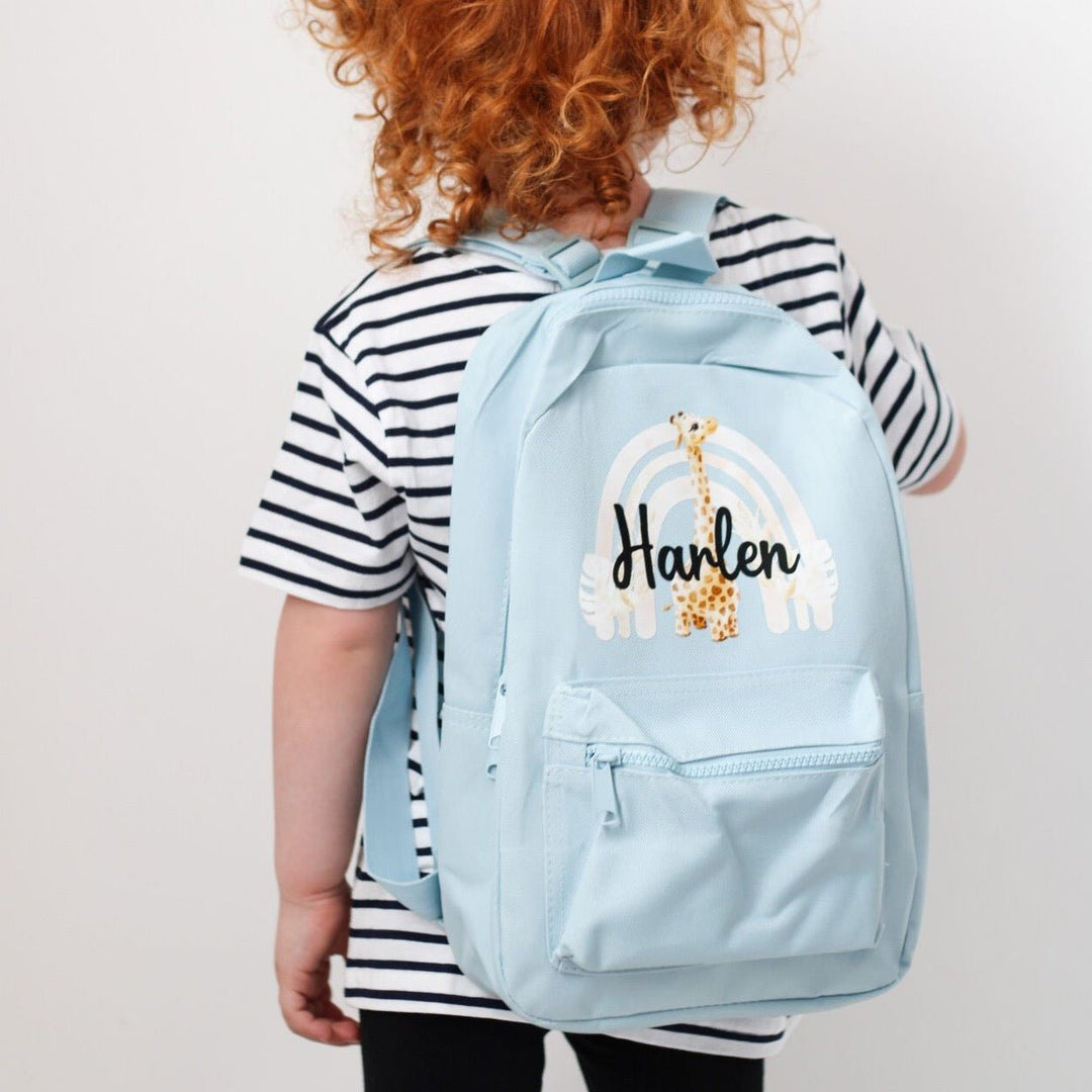 Giraffe Rainbow Personalised Backpack Amber and Noah