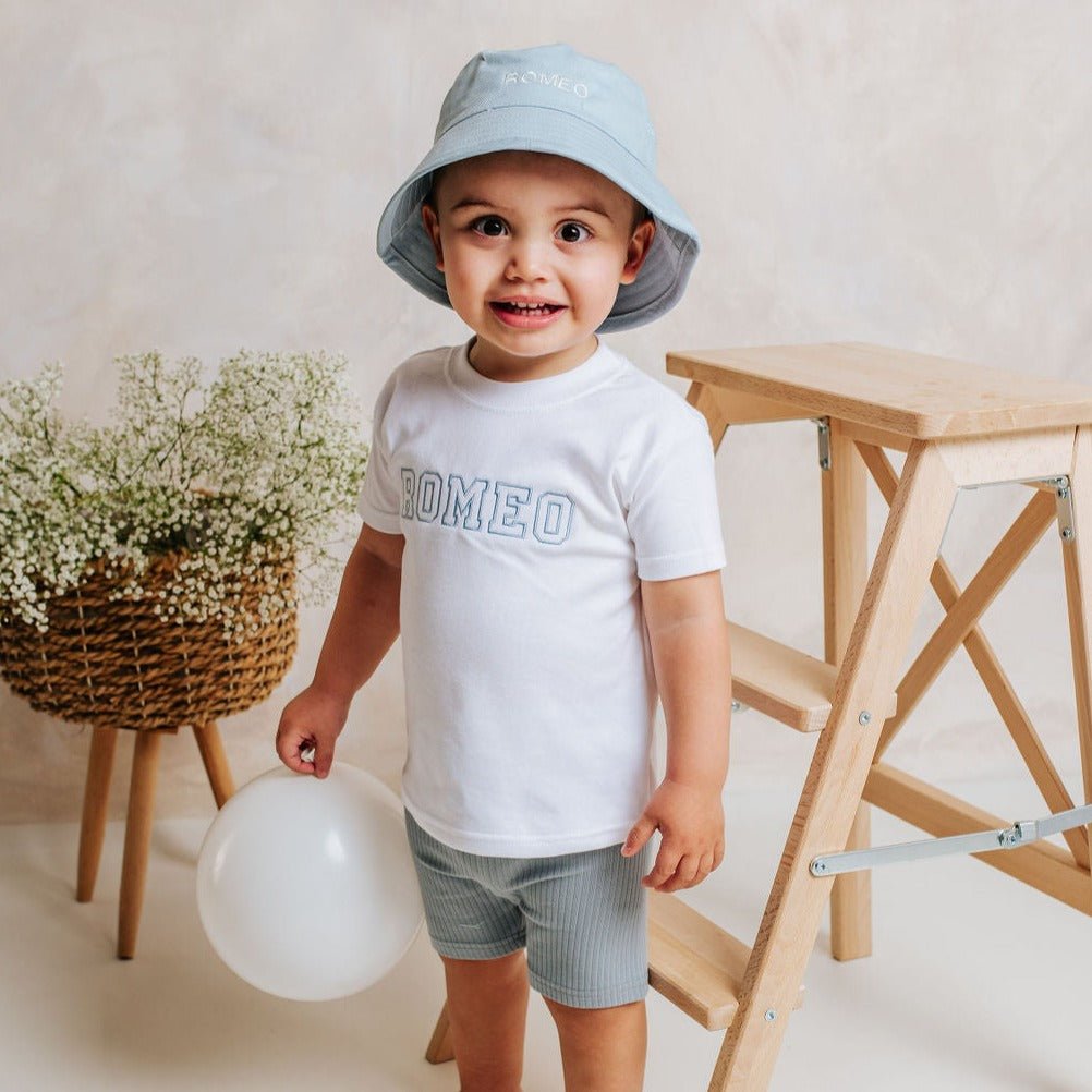 Personalised Tshirt and Dusty Blue Cycling Short Set - Amber and Noah